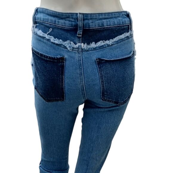 684145..Almost Famous Denim Patchwork Flare Jeans Size 3, W26" 30"Inseam  9"Rise - Picture 4 of 7